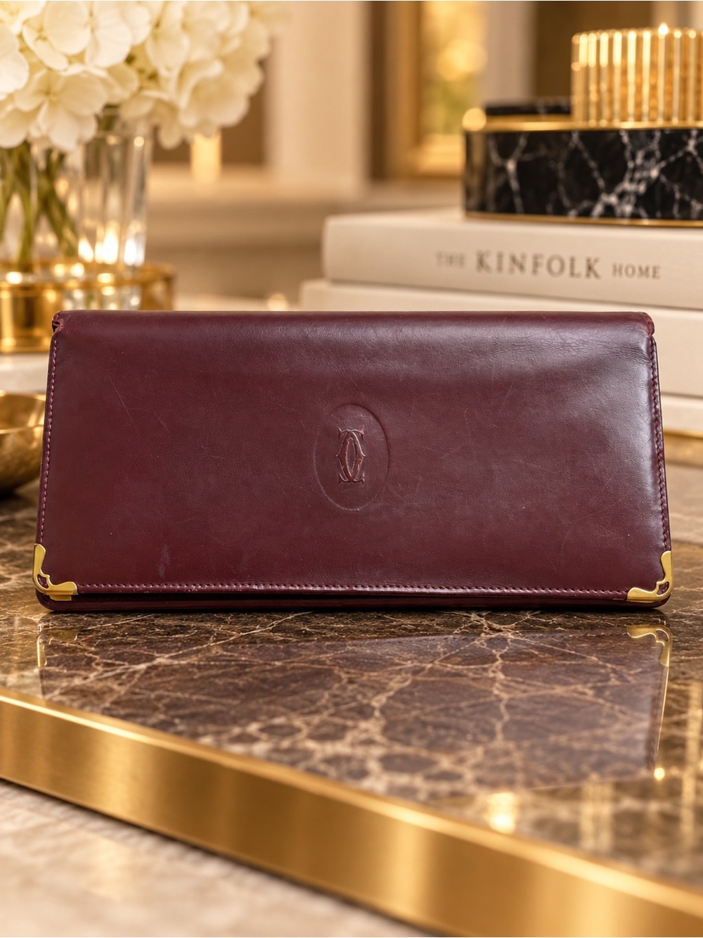 CARTIER Signature Leather Bi-Fold Vintage Long Wallet Bordeaux Burgundy